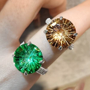 New 14mm Flower Cut Green Citrine Morganite Gemstone Fashion Women Silver Rings - Picture 1 of 8