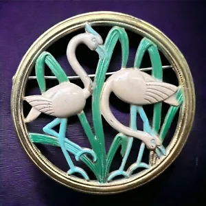 Emaille Vogel Brosche Flamingo Reiher Vintage 30er 40er Art Deco goldfarben rund Anstecknadel - Bild 1 von 7