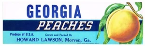 OLD CRATE LABEL VINTAGE PEACH C1940 ORIGINAL GEORGIA PEACHES LAWSON MORVEN 10X3" - Imagen 1 de 1