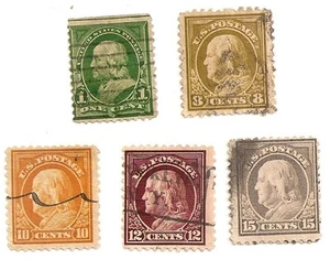 Five Early Ben Franklin Stamps 1c-8c-10c-12c-15c All In Good Condition - Bild 1 von 1