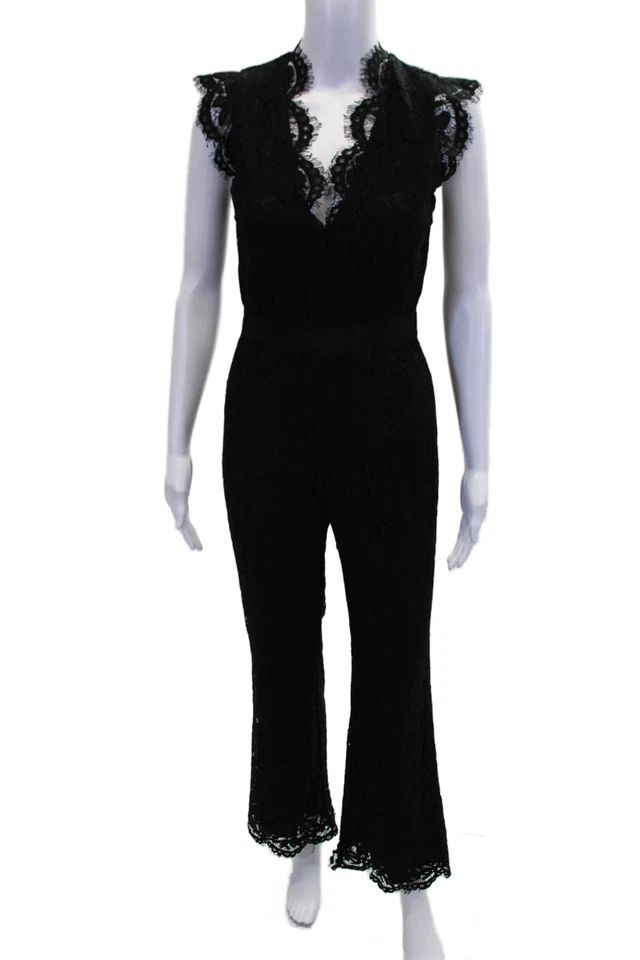 Rachel Zoe Womens Cotton Lace Texture Cap Sleeve Zipped Jumpsuit Black Size 0 - Image 1 of 4