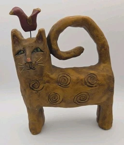 E.R.S. Artist Signed Folklore Brown Cat with Bird on Head Sculpture Figure Vtg? - Picture 1 of 15
