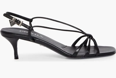 Prada 55mm Gatito Tacón Cuero Negro Tirantes Sandalia Triángulo Logo 41EU 11 EE. UU. Nuevo Foto 1 de 4