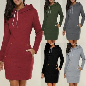 Women's Mini Hooded Dress Casual Long Sleeve Hoodies Sweatshirt Jumper Tops Slim - Picture 1 of 11