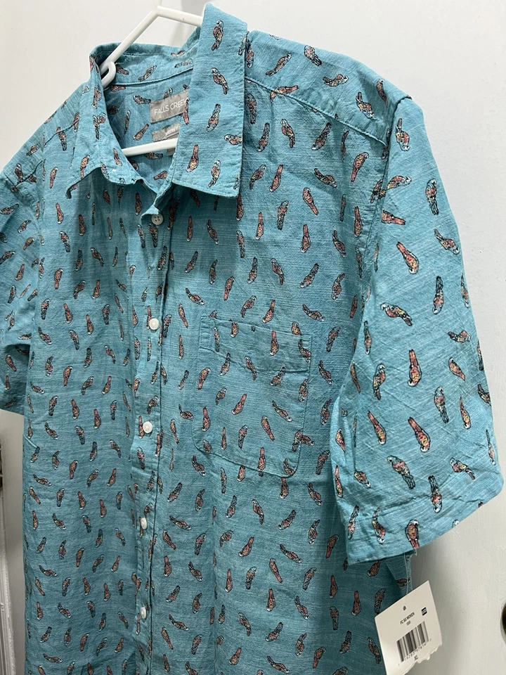 Falls Creek Mens XL Parrot Print Button Up Shirt tags Modern Fit Tropical Cotton - Image 1 of 4