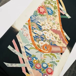 UnUsed Peace #D 14x70 LONG Hand Paint Tomesode Black Silk Kimono Fabric ToF49 - Picture 1 of 7