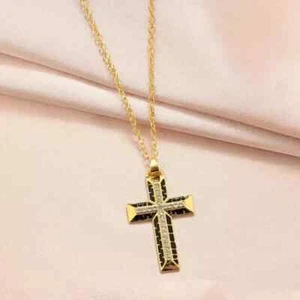 Exquisite schwarz goldene Kreuz Anhänger Halskette, christlicher Glaube Anhänger Schmuck, - Bild 1 von 5