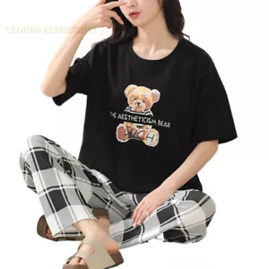 Big Size 5XL Pajama Sets Short Sleeved Cartoon Bear Knitted PJ Plaid - Picture 1 of 2