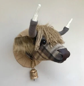 Handmade highland cow head faux taxidermy Mackellar tweed wall mounted with bell - Picture 1 of 8