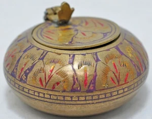 Antique Brass Round Ash Tray Original Old Hand Crafted Engraved Inlay Painted - Picture 1 of 9