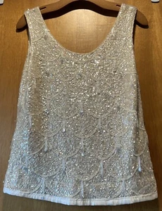 Vintage Sequin Iridescent Ivory Sweater Tank Shimmy Top Medium Hong Kong Wool - Picture 1 of 16