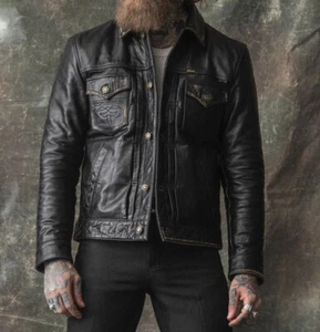Chaqueta de camionero de cuero envejecido negra para hombre, chaqueta de cuero - Imagen 1 de 6