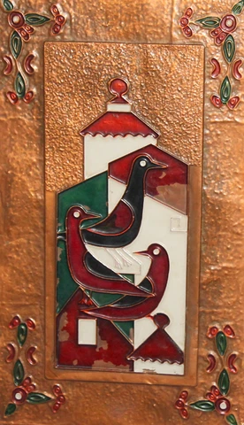 VINTAGE HAND MADE ENAMEL WALL DECOR COPPER PLAQUE CUBIST CITYSCAPE BIRDS Cover