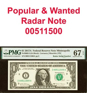 2017A $1 Federal Reserve Note PMG 67EPQ wanted fancy serial radar note Fr 3005-I - Picture 1 of 4