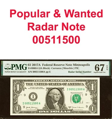 2017A $1 Federal Reserve Note PMG 67EPQ wanted fancy serial radar note Fr 3005-I - Image 1 of 4