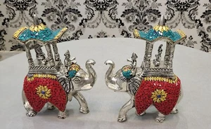 Antique German Silver Elephant Pair With Gem Stone Work King Ambawadi Home Decor - Picture 1 of 2
