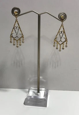 Филигранные серьги-постеры из желтого и белого золота 10 карат с фианитом и люстрой - Изображение 1 из 4