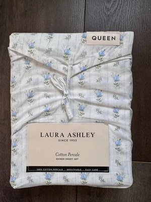 NEW Laura Ashley Sweet Buds- Blue Floral/ Stripes QUEEN Sheet Set Farmhouse - Image 1 of 4