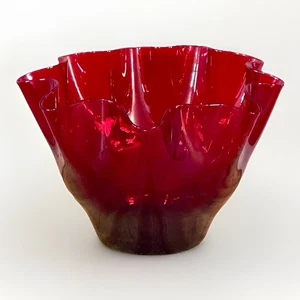 Vtg Blown Ruby Red Bohemian Glass Handkerchief Ruffled Rim Vase 9” X  5.75” - Picture 1 of 14