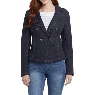 Tribal Jeans Women's Navy Faux Double Breasted Crest Buttons Knit Blazer SZ M - Image 1 of 4