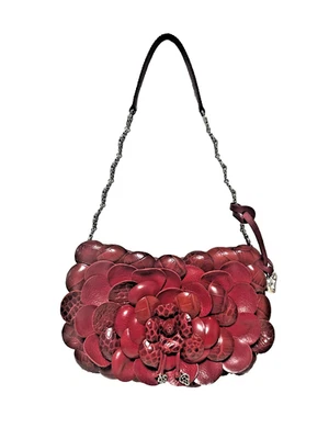 Brighton Rosalie 3D Flower Petal Silver Tone Hardware Deep Red Leather Handbag - Image 1 of 4