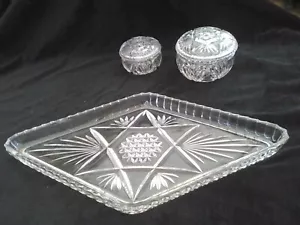 Art Deco diamond-shaped vanity tray & 2 lidded dishes, clear, Bagley No. 2231 - Picture 1 of 12