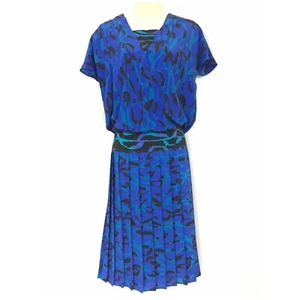 Vintage Camo Dress Women 8 Medium Blue Pleated Skirt Blouson 70s Career Academia - Picture 1 of 8