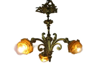 Vintage Chandelier 3 arm Lights Ornate Bronze Art Glass Gorgeous Amber Sconces - Picture 1 of 10