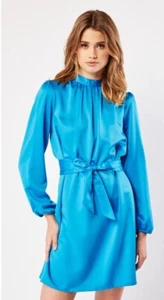 Blue High neck Tie Up Mini Dress Marina Kaneva Long Sleeve U.K. 16 - Picture 1 of 4