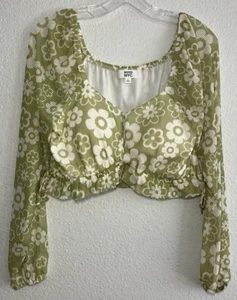 Madden NYC Floral Crop Top Long Sleeve Sage Green Retro Y2K Style Size L - Picture 1 of 5