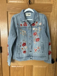 Savanna Jane Damen Jeansjacke bestickt Medium Blumen rot rosa creme Knopf - Bild 1 von 9