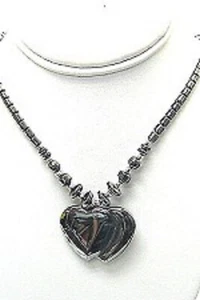 Natural Hematite Gemstone Carved Double Heart Pendant on 18 Inch Beaded Necklace - Picture 1 of 1