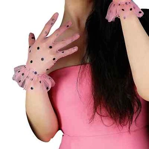 Women's Pink Lace Gloves Wrist Short TECH Ruffled Trim Tulle Mesh Sheer Wedding - Picture 1 of 21