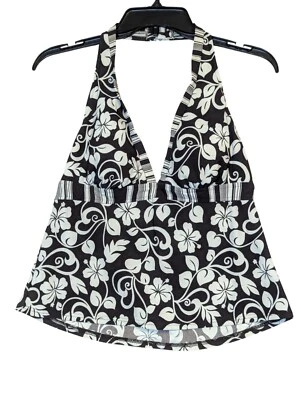 Caribbean Joe Halter Tankini Top Floral Print Padded Cups Brown & White Size 14 - Image 1 of 4