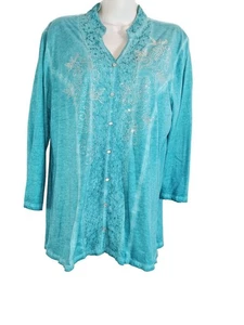 Reba Teal Tunic Top lace cowgirl Silver gemstone Embellishments - Size 1X - Picture 1 of 5