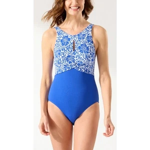 Tommy Bahama Island Cays Hibiscus High Neck One Piece Swimsuit Blue White 14 NWT - Picture 1 of 9