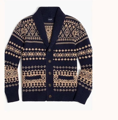 J.Crew Cardigan Sweater Men’s Navy Tan Shawl Collar Fair Isle Lambswool Sz. M - Image 1 of 4