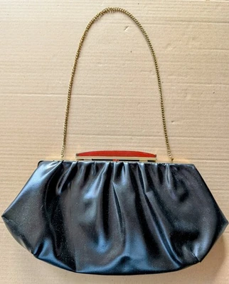 Vintage Purse Chain Envelope Bag Leather Clutch Black Gold Tone Lucite Hardware  - Image 1 of 4