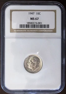 1947 Roosevelt Dime, NGC MS 67 - Picture 1 of 2