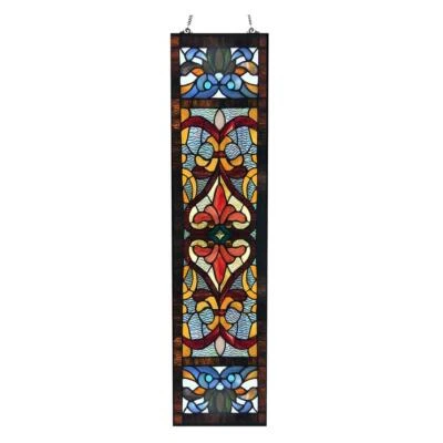 Red Victorian Stained Glass Fleur De Lis Window Panel Handcrafted - Image 1 of 4