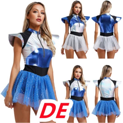 MARKENLOS DE Damen Alien Kostüm Space Girl Kleid mit Tüllrock Glänzend Metallic Kleid