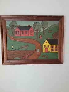 Altes Vintage schwarzes Americana Volkskunst Gemälde auf Karton unsigniert - Bild 1 von 8