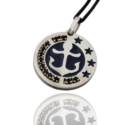 Ciondolo acciaio mm 25 smaltato in blu con ancora centrale e zirconi neri - Immagine 1 di 2