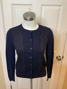 Brooks Brother 346 Navy Blue 100% Wool Floral Lace Button-Up Cardigan, Size M - Picture 1 of 5