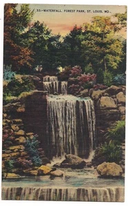 WATERFALL Water Fall Forest Park St Louis Missouri Postcard Linen Very Colorful - Picture 1 of 2