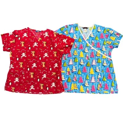 Womens Christmas Scrub Top Set of 2 Medium Red Reindeer Pastel Christmas Trees - Image 1 of 4