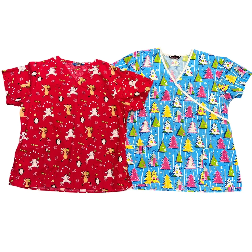 Womens Christmas Scrub Top Set of 2 Medium Red Reindeer Pastel Christmas Trees - Image 1 of 4