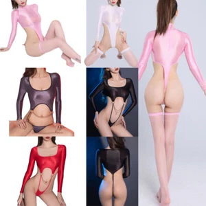 Women's Glossy Sheer Bodysuits Open Butt High Cut Jumpsuits Long Sleeve Rompers - Picture 1 of 42
