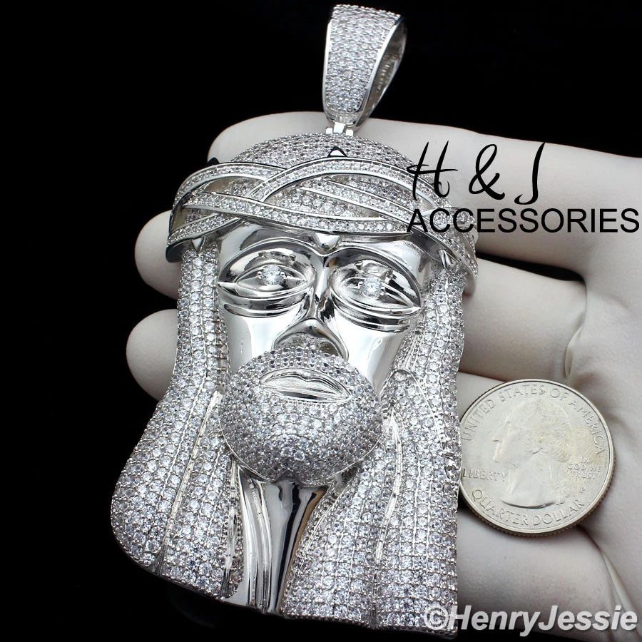 COLGANTE CARA JESÚS PLATA 3D GRAN TAMAÑO BLING CZ CHAPADO EN ORO BLANCO 14K PARA HOMBRE*ABP2 Foto 1 de 4