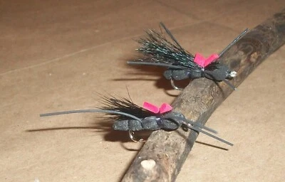 2 Black Charlie Boy Hoppers - size 10 - terrestrials - Dry Fly Fishing Cricket - Image 1 of 3